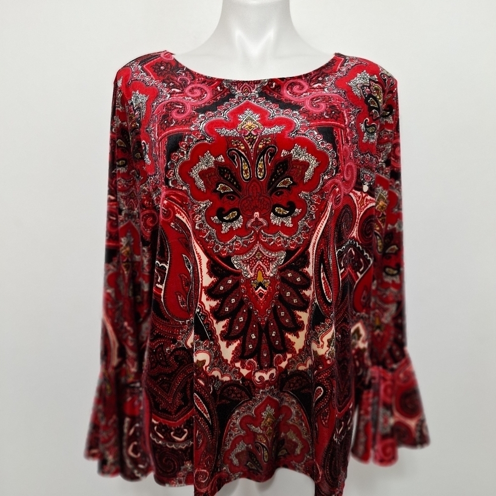 Chico's Whimsigoth Velour Bell Sleeve Burgundy Paisley Print Bohemian Top Size L